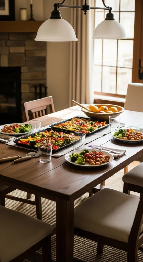 family enjoying sheet pan recipes dinner