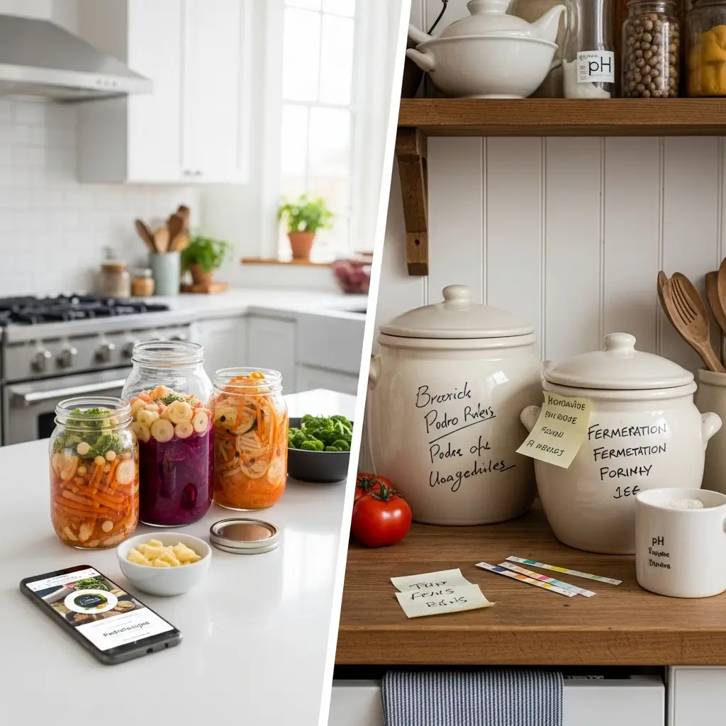 Home 26 Fermentation blogs comparison showing PedroRecipes modern kitchen setup versus Fermenting For Foodies traditional fermentation tools