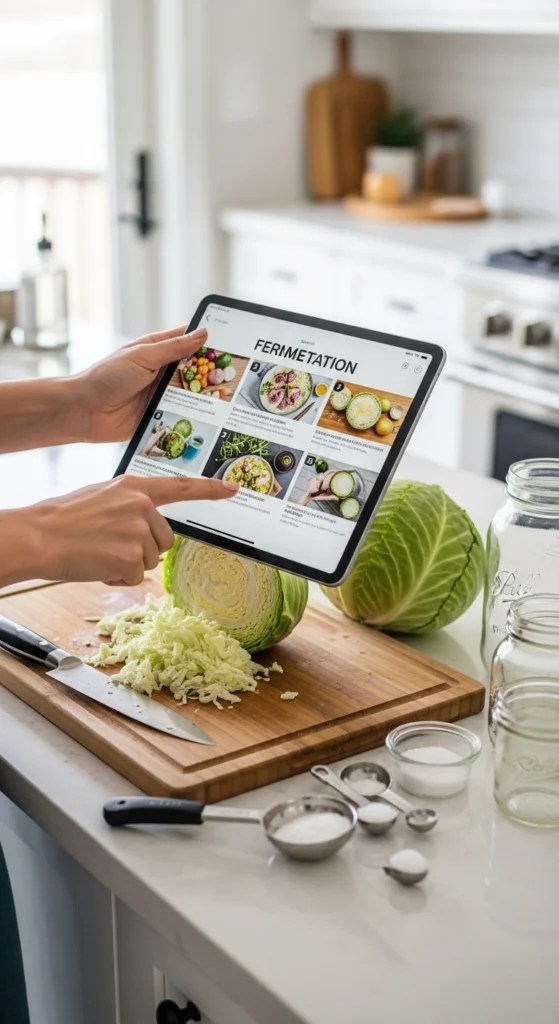 Fermentation blogs comparison tutorial showing step-by-step instructions for beginners making sauerkraut at home