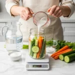 The Complete Guide to Vegetable Fermentation 9 How to ferment vegetables pouring salt brine over fresh vegetables in mason jar