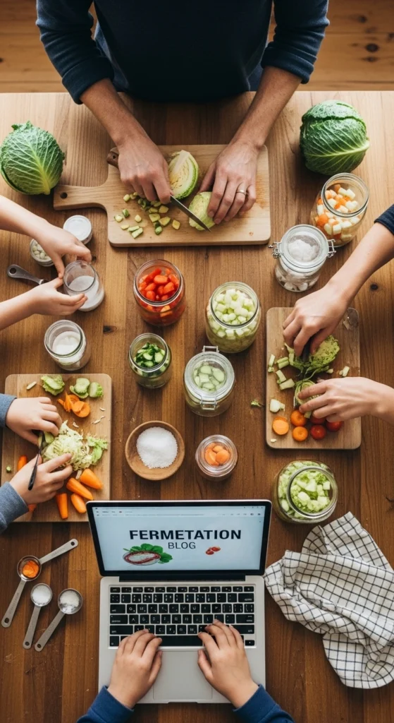 Family using fermentation blogs comparison guide to make healthy probiotic foods together in home kitchen