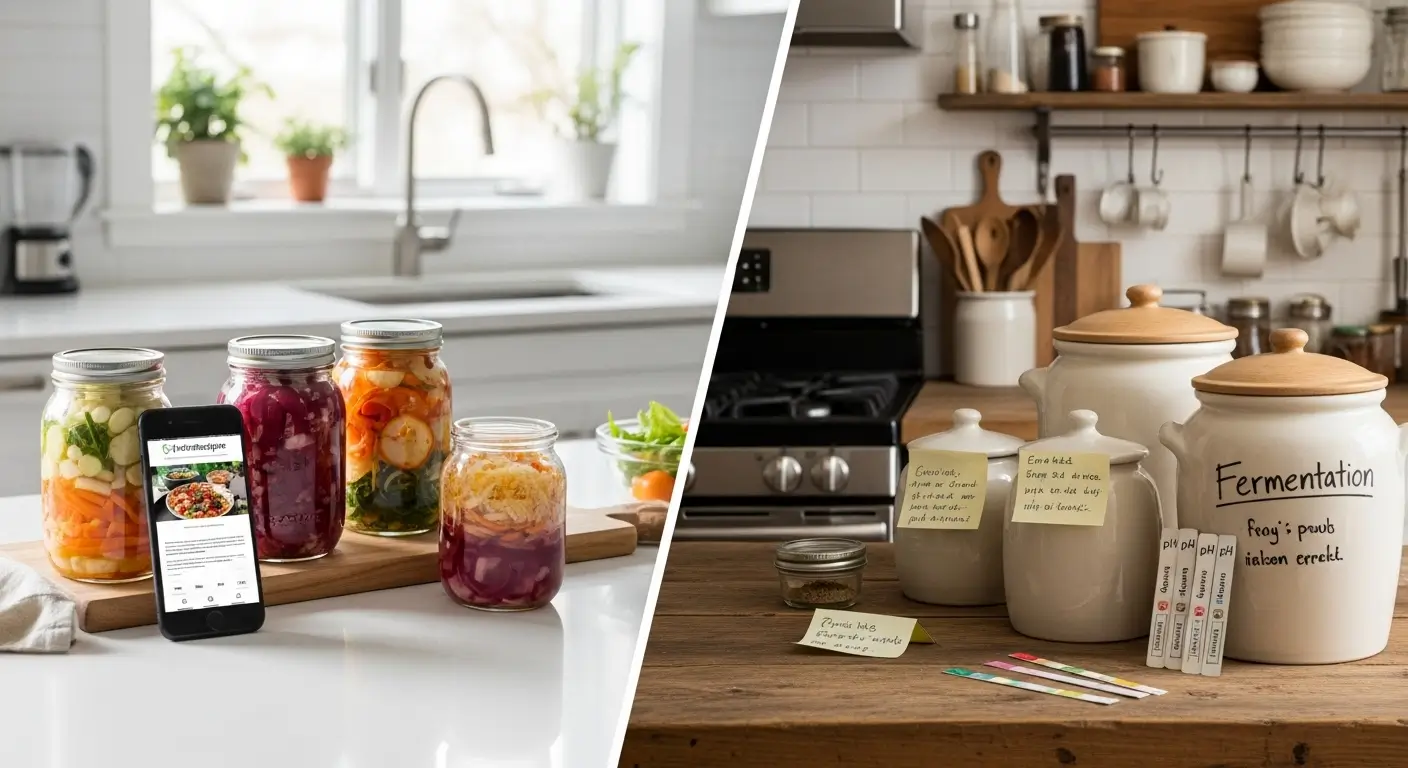Best fermentation blogs comparison featuring homemade fermented foods including sauerkraut kombucha and kimchi