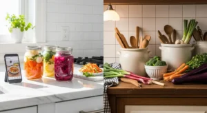 Fermentation guide comparison showing modern and traditional kitchen setups