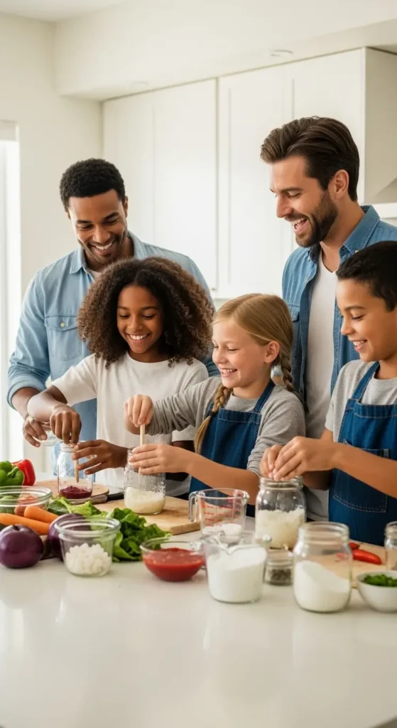 Pedro Recipes vs Wild Fermentation – Which Fermentation Blog Is Best for Home Cooks? 4 Family practicing fermentation techniques together in home kitchen