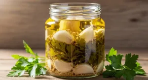 Fermented garlic oil for heart and gut health in a glass jar with fresh garlic cloves