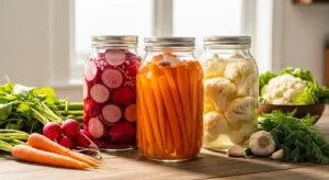 Vegetable fermentation jars with carrots cucumbers and cabbage in brine on wooden table