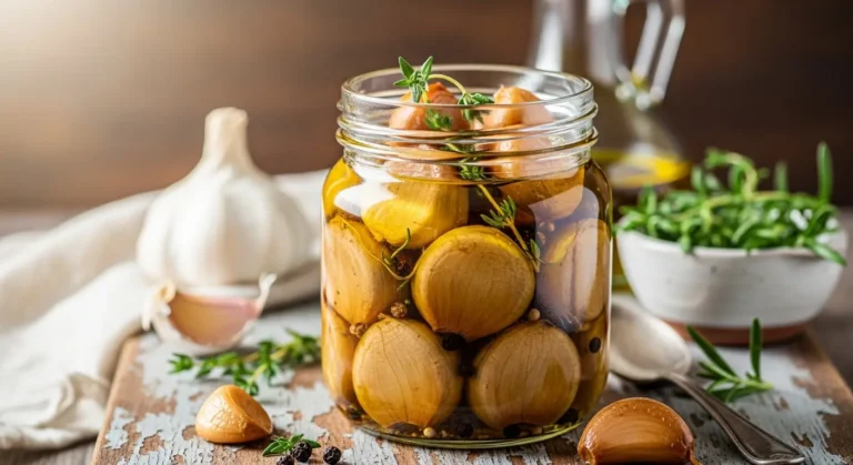 Fermented Garlic Confit for Gut Health and Immune Support 9 Jar of fermented garlic confit with fresh herbs in oil for gut health and immune support