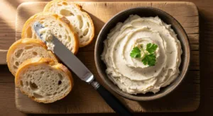 Fermented garlic butter in bowl with fresh bread and herbs