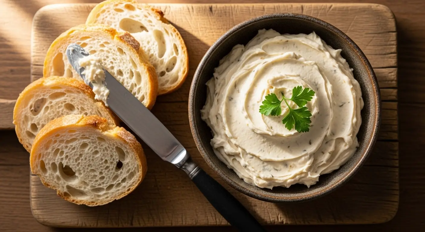 Easy Fermented Garlic Butter Recipe 4 Fermented garlic butter in bowl with fresh bread and herbs
