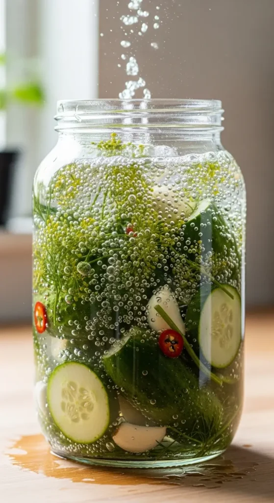 Your Friendly Guide to Cucumber Fermentation 6 Active cucumber fermentation process showing bubbles in brine solution