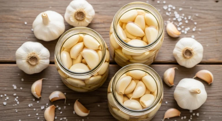 Lacto Fermented Garlic Recipe: The Absolutely Easiest Way to Make It 8 Close-up of a glass jar filled with yellow-gold lacto-fermented garlic recipe cloves submerged in brine.