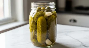Probiotic pickles in glass jar with cloudy brine and fresh dill