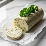 Easy Fermented Garlic Butter Recipe 7 Fermented garlic butter log sliced on parchment paper showing texture