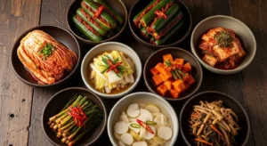 Kimchi variations displayed in traditional bowls showing different types and colors