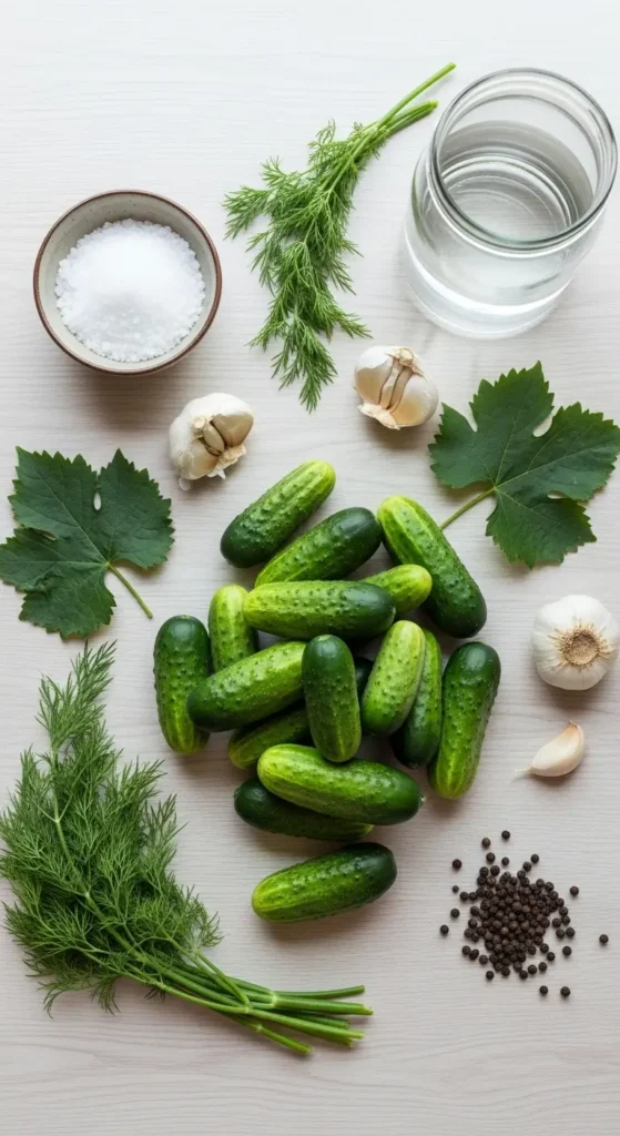 Your Friendly Guide to Cucumber Fermentation 7 Essential cucumber fermentation ingredients including kirby cucumbers salt and fresh herbs
