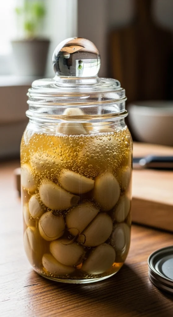 Lacto Fermented Garlic Recipe: The Absolutely Easiest Way to Make It 6 Tiny, natural bubbles indicating active fermentation in the lacto-fermented garlic recipe brine.