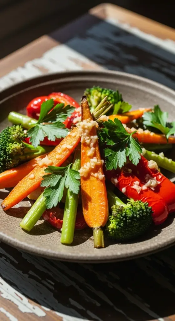 Final plating of fermented garlic oil for heart and gut health on roasted vegetables