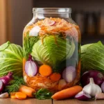 Fermented cabbage blends with carrots and spices in mason jar