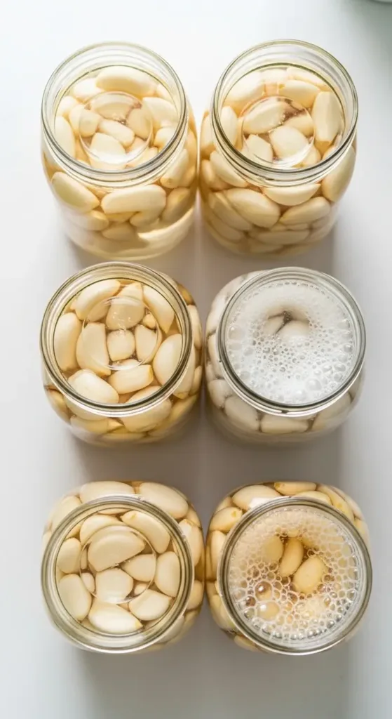 Easy Fermented Garlic Butter Recipe 5 Fermented garlic butter process showing garlic cloves in brine jars