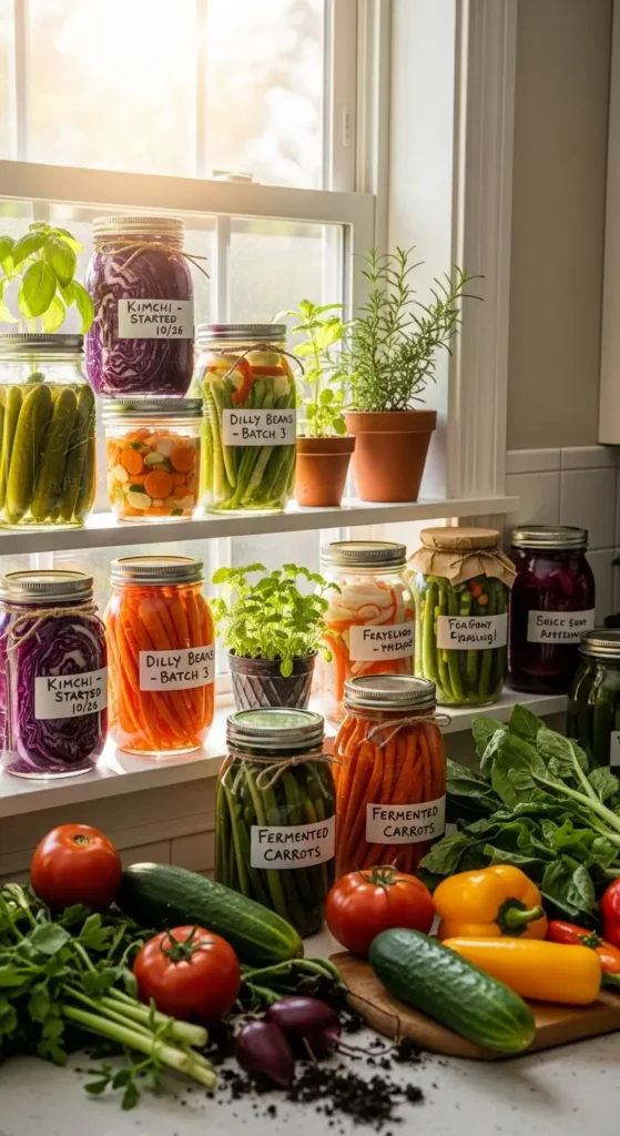 Collection of seasonal fermentation recipes fermenting on windowsill