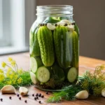 Cucumber fermentation setup with fresh cucumbers in brine jar with dill and garlic