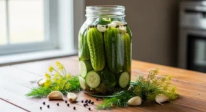Cucumber fermentation setup with fresh cucumbers in brine jar with dill and garlic