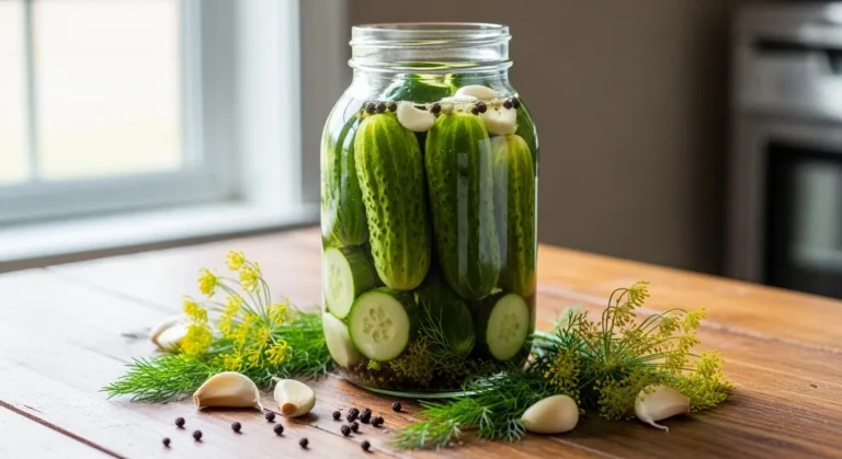 Your Friendly Guide to Cucumber Fermentation 18 Cucumber fermentation setup with fresh cucumbers in brine jar with dill and garlic