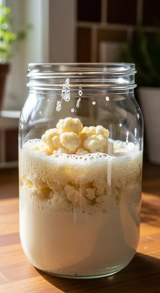 How to Revive Dormant Kefir Grains: Best Practices 7 Successfully revived kefir grains showing active fermentation in milk