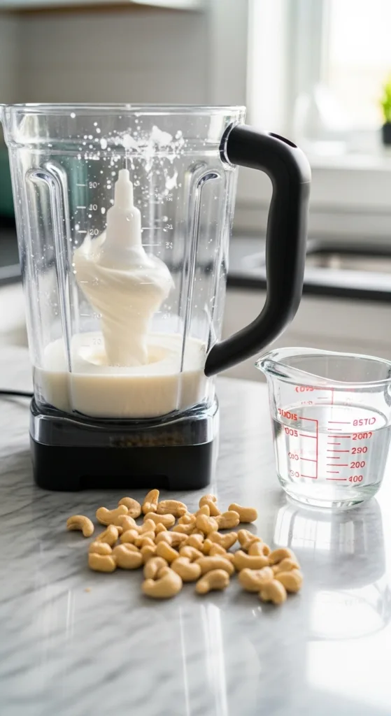 Vegan Kefir Alternatives: Coconut and Cashew Cultivation Methods 6 Blending soaked cashews with water to create base for vegan kefir alternatives