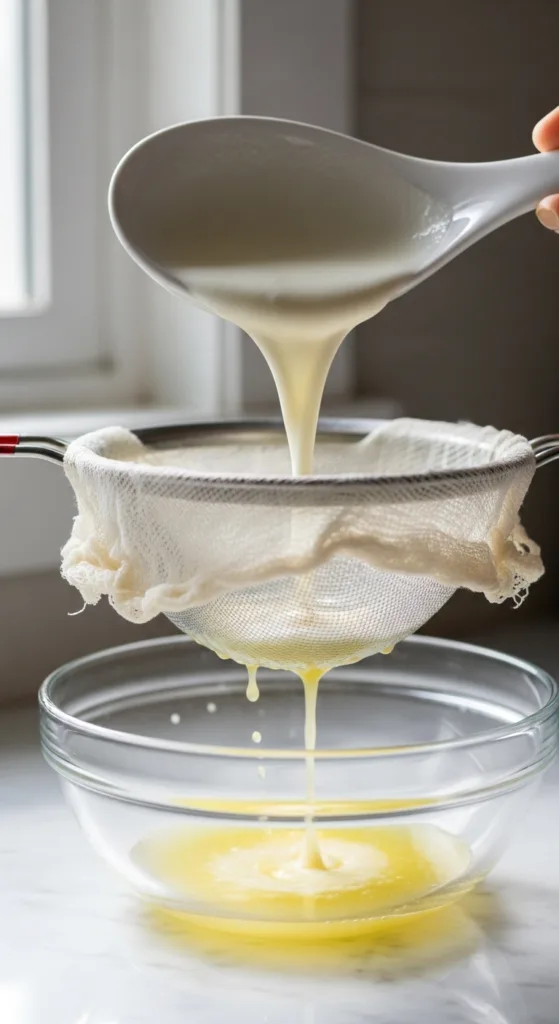Straining setup for making Greek yogurt at home with cheesecloth and mesh strainer