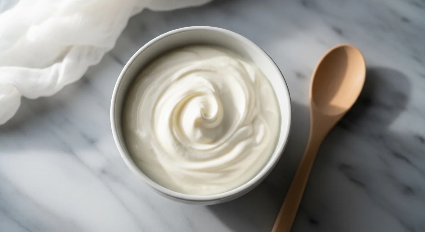 Greek yogurt at home in white bowl with straining equipment on marble counter
