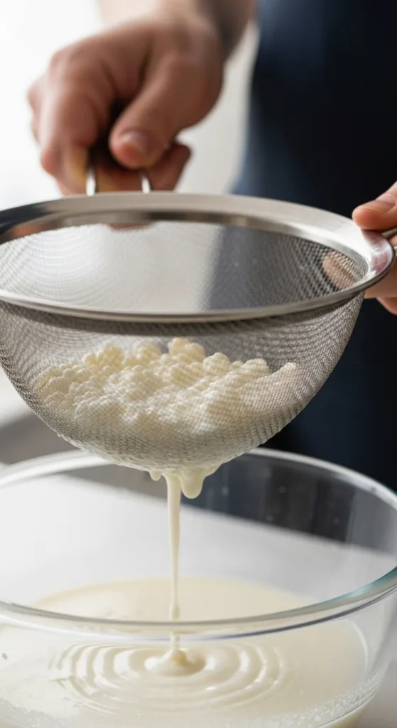 How to Make Kefir at Home: Complete Guide 6 Straining homemade kefir to separate kefir grains from finished fermented milk