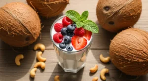 Vegan kefir alternatives made with coconut milk in a glass with fresh berries