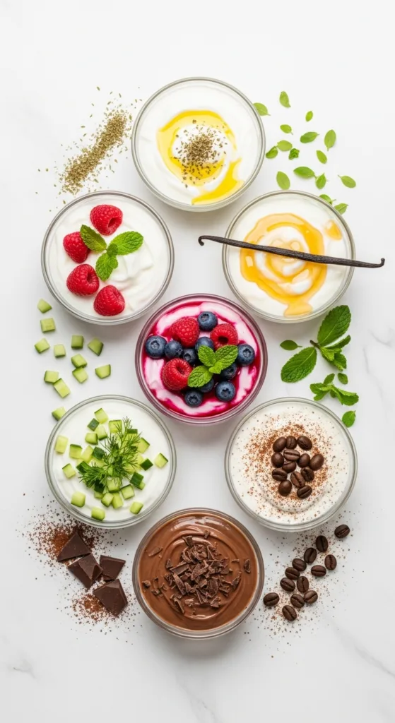 Various Greek yogurt at home flavoring options including honey, vanilla, and herbs