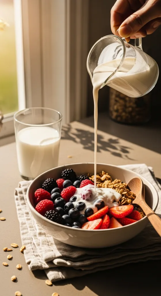 Vegan Kefir Alternatives: Coconut and Cashew Cultivation Methods 8 Vegan kefir alternatives poured over granola and berries for healthy breakfast