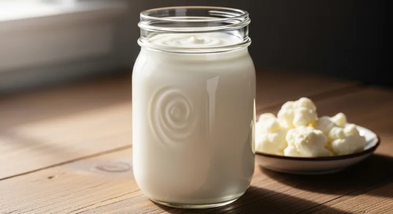How to make kefir at home - glass jar of creamy homemade kefir with kefir grains