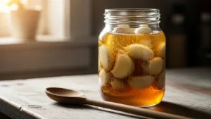 A glass jar of finished Fermented Garlic Honey Recipe on a wooden table.