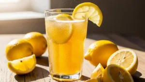 Glass of fermented lemonade with bubbles and fresh lemon garnish