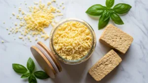 Homemade tempeh cheese fermentation in glass jar with grated vegan Parmesan and fresh wedges