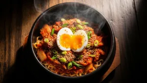 A spicy kimchi noodle bowl topped with a soft-boiled egg and green onions.