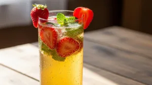 Glass of homemade kefir soda with fresh strawberries and carbonation bubbles