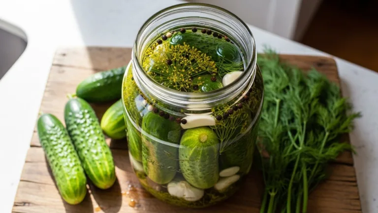 Lacto-fermented pickles for beginners in glass jar with fresh cucumbers and dill