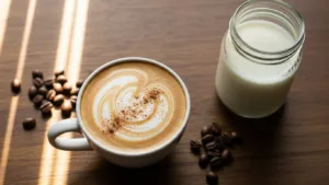 Probiotic coffee in white mug with kefir jar and coffee beans on wooden table