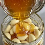 Pouring raw honey over garlic cloves for Fermented Garlic Honey Recipe.