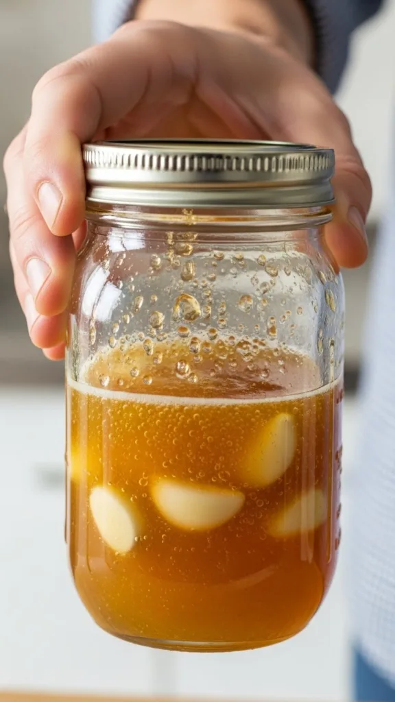 Flipping the jar of Fermented Garlic Honey Recipe to coat the garlic.