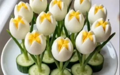 Stunning Tulip Deviled Eggs presented as an artistic appetizer.