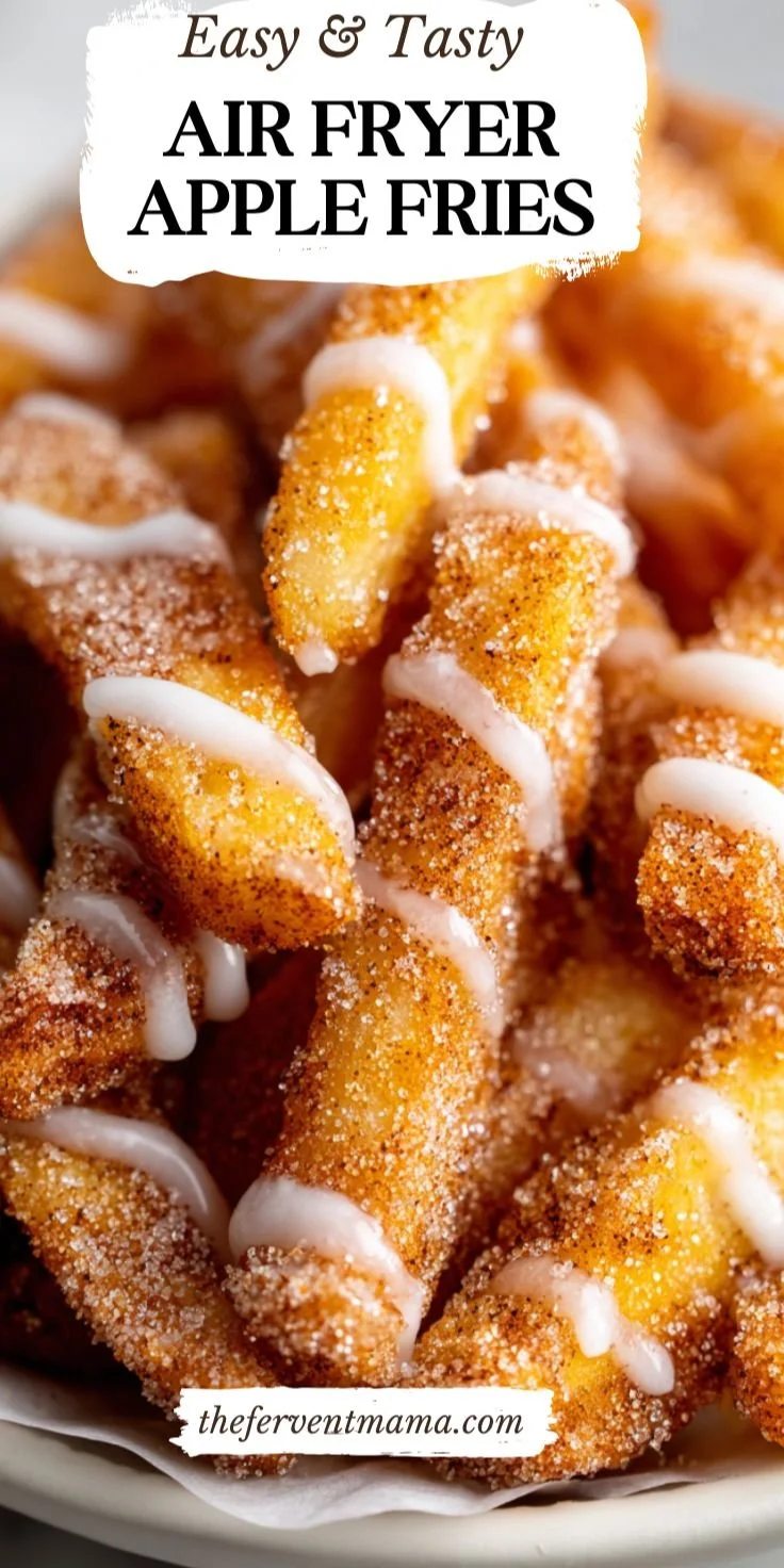 Crispy air fryer apple fries served with a dipping sauce