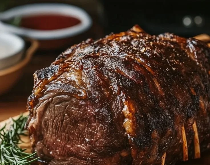 A beautifully cooked prime rib roast, perfect for Christmas dinner.
