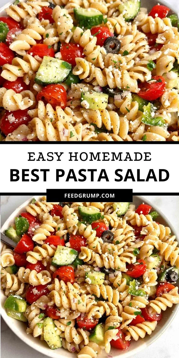 Colorful and fresh pasta salad with vegetables and dressing served in a bowl.
