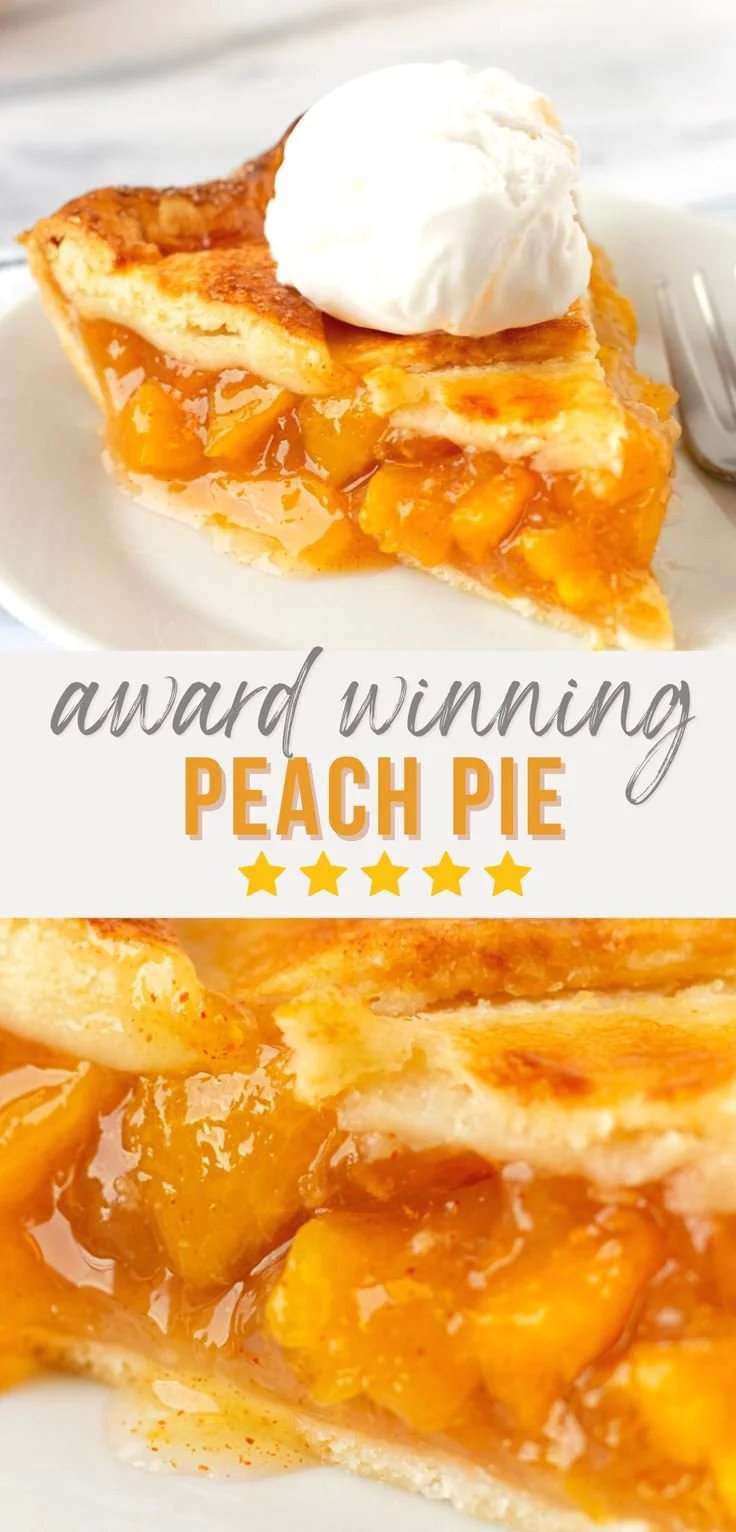 Delicious slice of homemade peach pie with golden crust and fresh peaches